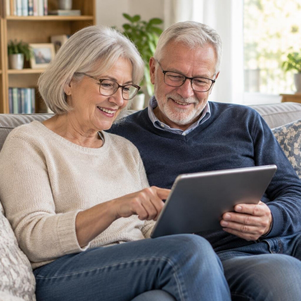 Smiling senior German couple looking at a tablet together at home